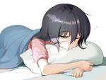  aeoso black_hair blanket blush eyebrows_visible_through_hair girls_und_panzer hair_between_eyes lying on_stomach one_eye_closed parted_lips pillow reizei_mako simple_background sleepy solo white_background 