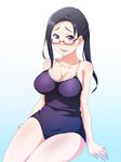  asymmetrical_breasts bad_id bad_pixiv_id black_hair blush breasts cleavage competition_school_swimsuit demi-chan_wa_kataritai glasses large_breasts long_hair looking_at_viewer nose_blush one-piece_swimsuit open_mouth poncho_s ponytail purple_eyes red-framed_eyewear satou_sakie semi-rimless_eyewear sitting solo swimsuit under-rim_eyewear 