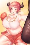  animal_ears bare_shoulders belly bouncing_breasts boxing_gloves boxing_shorts breasts cleavage cow_ears cow_horns curvy earrings eno_yukimi granblue_fantasy heavy_breathing horns huge_breasts jewelry looking_at_viewer navel parted_lips pink_hair plump pointy_ears punching_bag short_hair shorts steam sturm_(granblue_fantasy) sweat thick_thighs thighs translation_request 