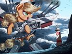  applejack_(mlp) armor blonde_hair bonbon_(mlp) clothed clothing day detailed_background equine eyelashes friendship_is_magic fur green_eyes hair hat hooves lighthouse lyra_heartstrings_(mlp) mammal my_little_pony ncmares open_mouth orange_fur outside smile standing teeth tongue water 