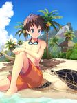  bad_id bad_pixiv_id beach blue_eyes blue_sky brown_hair closed_mouth cloud cloudy_sky day goggles goggles_around_neck hand_on_own_knee knee_up looking_at_another male_focus maruhana original outdoors palm_tree shorts sitting sky smile solo tree turtle water 
