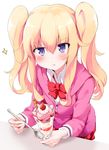  :&lt; aeoso alternate_hairstyle blonde_hair blush bow bowtie closed_mouth collared_shirt dress_shirt eyebrows_visible_through_hair food fruit gabriel_dropout glass hair_between_eyes hair_ornament head_tilt holding holding_spoon hood hoodie ice_cream long_hair long_sleeves looking_at_viewer parfait plaid plaid_skirt purple_eyes red_bow red_neckwear red_skirt school_uniform shirt sidelocks simple_background skirt solo sparkle spoon strawberry tenma_gabriel_white twintails v-shaped_eyebrows whipped_cream white_background white_shirt wing_collar 