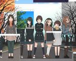 autumn bare_tree black_hair brown_eyes brown_hair cherry_blossoms child commentary_request crossed_arms graduation holding_hands long_hair looking_at_another multiple_girls original photo_(object) road scarf school_uniform seasons short_hair smile spring_(season) summer thighhighs time_paradox tree window_(computing) windows yajirushi_(chanoma) 