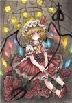  2017 blonde_hair blush chain chandelier cuffs dated flandre_scarlet flower frilled_skirt frills hat lantern looking_at_viewer mob_cap mosho puffy_sleeves red_eyes rose shackles side_ponytail signature sitting skirt solo touhou traditional_media watercolor_(medium) wings 