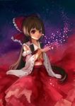  2015 ascot bow brown_hair cupping_hand detached_sleeves frilled_skirt frilled_sleeves frills hair_bow hair_tubes hakurei_reimu highres long_hair looking_at_viewer navel neckerchief petals red_bow red_eyes red_ribbon red_skirt ribbon ribbon-trimmed_sleeves ribbon_trim sitting skirt solo stomach touhou wide_sleeves 