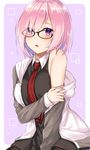  black_dress black_legwear blush commentary_request dress eyes_visible_through_hair fate/grand_order fate_(series) glasses hair_over_one_eye highres hizuki_higure jacket looking_at_viewer mash_kyrielight necktie off_shoulder open_mouth pantyhose purple_eyes purple_hair red_neckwear short_hair sitting solo two-tone_background 