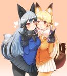  animal_ears black_bow black_gloves black_legwear black_neckwear black_skirt blonde_hair blue_jacket blush bow brown_eyes ezo_red_fox_(kemono_friends) fox_ears fox_shadow_puppet fox_tail fur_trim gloves grey_hair hair_between_eyes heart jacket kemono_friends long_hair long_sleeves looking_at_viewer miniskirt multiple_girls necktie nochan orange_jacket pantyhose silver_fox_(kemono_friends) simple_background skirt smile standing tail white_bow white_skirt yellow_neckwear 