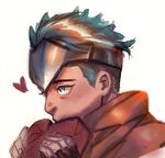  1boy black_hair brant0815 genji_(overwatch) gloves green_eyes green_hair headband heart male_focus overwatch shrot_hair solo 