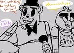  2015 animatronic anthro avian bear bib bird bonnie_(fnaf) bow_tie chica_(fnaf) chicken dialogue english_text female five_nights_at_freddy&#039;s freddy_(fnaf) grey_background group hat holding_microphone inkyfrog lagomorph machine male mammal microphone rabbit restricted_palette robot simple_background text top_hat video_games 
