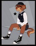  5_fingers anthro brown_fur canine clothed clothing dog female fur kitchiki mammal sitting solo 