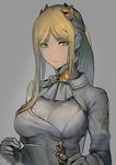  ascot asymmetrical_hair bangs black_gloves blonde_hair breasts closed_mouth expressionless eyebrows_visible_through_hair gloves green_eyes grey_background hairpods holding long_hair looking_at_viewer medium_breasts nier_(series) nier_automata parted_bangs ponytail riding_crop simple_background solo upper_body walzrj yorha_infantry_squad_commander 