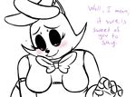  &lt;3 2015 animatronic anthro bedroom_eyes big_breasts blush bonnie_(fnaf) bow_tie breasts crossgender dialogue english_text featureless_breasts female five_nights_at_freddy&#039;s half-closed_eyes inkyfrog lagomorph looking_at_viewer machine mammal rabbit restricted_palette robot seductive simple_background smile solo talking_to_viewer text video_games white_background 
