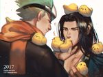  2017 2boys bird black_hair brant0815 chick genji_(overwatch) green_eyes green_hair hanzo_(overwatch) happy_new_year headband long_hair male_focus multiple_boys new_year overwatch scarf short_hair 