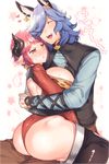  1girl ass blue_hair blush breasts cleavage drang_(granblue_fantasy) earrings eno_yukimi granblue_fantasy heart horns huge_breasts jewelry large_breasts pink_hair pointy_ears short_hair smile sturm_(granblue_fantasy) thighs translation_request 