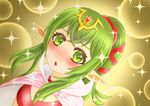  :o blush cape chiki chiki_(fire_emblem) choker dress fire_emblem fire_emblem:_kakusei fire_emblem_heroes green_eyes green_hair jewelry leaf_(pixiv) nintendo pointy_ears ponytail ribbon scarf tiara 