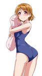  ass blue_swimsuit blush breasts brown_hair closed_mouth commentary_request eyebrows_visible_through_hair from_behind koizumi_hanayo looking_at_viewer looking_back love_live! love_live!_school_idol_project medium_breasts one-piece_swimsuit pillow pillow_hug purple_eyes school_swimsuit shiny shiny_clothes shiny_hair shiny_skin short_hair simple_background smile solo swimsuit white_background yopparai_oni 
