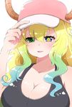  bare_shoulders baseball_cap blonde_hair breasts cleavage commentary_request dragon_girl dragon_horns gradient_hair hand_on_headwear hat heterochromia highres horns kobayashi-san_chi_no_maidragon large_breasts long_hair multicolored_hair pikomarie quetzalcoatl_(maidragon) slit_pupils solo tank_top 