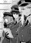  absurdres black_gloves breath emilio_(tetsukazu_no_ao) girls_und_panzer gloves greyscale hat highres itsumi_erika long_hair military military_uniform monochrome multiple_girls necktie nishizumi_maho nishizumi_miho peaked_cap short_hair siblings sisters uniform 