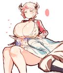  1girl animal_ears animal_print blue_hair breast_rest breasts breasts_on_head cleavage cow_ears cow_horns drang_(granblue_fantasy) earrings eno_yukimi granblue_fantasy horns huge_breasts jewelry lap_pillow leopard_print pink_hair pointy_ears short_hair simple_background sturm_(granblue_fantasy) 