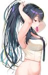  adjusting_hair anchor_symbol arm_up armpits arms_behind_head asahina_hikage bare_arms bare_shoulders black_hair blush bottomless breasts cleavage from_side gradient_hair green_hair hair_tie hairdressing half-closed_eyes kantai_collection large_breasts long_hair looking_down mouth_hold multicolored_hair navel out-of-frame_censoring ponytail red_eyes sailor_collar shirt simple_background sleeveless sleeveless_shirt solo stomach taut_clothes upper_body very_long_hair white_background white_shirt yahagi_(kantai_collection) 