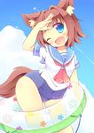  1girl blue_eyes blush brown_hair fang kt_cano lifebuoy open_mouth original plane sailor_collar school_swimsuit short_hair swimsuit swimsuit_under_clothes tail wink 