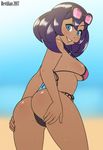  2017 :d artist_name ass back bare_legs bare_shoulders beach bikini blue_eyes breasts cropped_legs dark_skin day eyewear_on_head from_behind hand_on_own_ass highres lips lipstick looking_at_viewer looking_back makeup medium_breasts ocean open_mouth partially_visible_vulva pink_bikini pokemon pokemon_(game) pokemon_sm purple_hair revtilian sand shiny shiny_skin side-tie_bikini sina_(pokemon) sky smile solo standing sunglasses sweat swimsuit thighs thong_bikini 