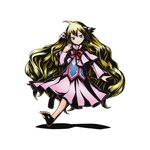 ahoge barefoot blonde_hair divine_gate dress fairy_tail floating_hair full_body green_eyes hair_ornament long_hair looking_at_viewer mavis_vermilion neck_ribbon official_art pink_dress red_ribbon ribbon shadow smile solo transparent_background ucmm very_long_hair 
