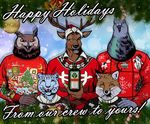  anthro avian billmund bird canine cervine christmas clothed clothing deer feline fox group holidays leopard looking_at_viewer male mammal open_mouth owl pigeon smile snow_leopard 