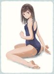  ass bangs barefoot blue_eyes blue_swimsuit blush brown_hair closed_mouth commentary_request full_body hand_up kashiwagi_chisame looking_at_viewer looking_back original school_swimsuit sitting solo swimsuit thighs wariza wet 