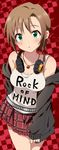  blush breasts brown_hair checkered checkered_background commentary_request green_eyes headphones headphones_around_neck idolmaster idolmaster_cinderella_girls jewelry kyu looking_at_viewer medium_breasts necklace off_shoulder short_hair solo tada_riina 