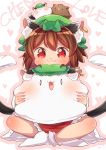  1girl :3 animal animal_ears animal_on_head blush brown_hair cat_ears chen commentary_request ear_piercing earrings english_text fang heart highres ibaraki_natou jewelry looking_at_viewer mochen multiple_tails on_head piercing pig red_eyes short_hair sitting socks tail touhou |_| 