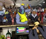  alcohol ambiguous_gender anthro avian bar beaver beverage billmund bird canine cervine clothed clothing deer equine feline fish fox group hat horse leopard looking_at_viewer male mammal marine owl pigeon rodent shark smile snow_leopard standing 