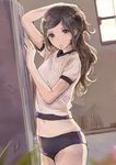  arm_up blush brown_hair buruma closed_mouth commentary cowboy_shot dutch_angle gym_uniform hair_ornament hair_tie hairclip hand_up hips indoors kashiwagi_chisame light_smile locker locker_room looking_at_viewer midriff mouth_hold navel original shirt short_sleeves silver_eyes solo thighs wavy_hair white_shirt window 