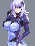  bad_proportions bangs blue_eyes blue_hair bodysuit breasts commentary_request covered_navel covered_nipples cryska_barchenowa cureecoolan gun handgun headgear holding holding_gun holding_weapon large_breasts looking_at_viewer muvluv muvluv_alternative muvluv_total_eclipse parted_lips pilot_suit pistol skin_tight solo upper_body weapon 