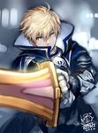  ahoge armor arthur_pendragon_(fate) artist_name bad_id bad_pixiv_id blonde_hair blue_eyes blurry breastplate capriccio commentary_request dated depth_of_field fate/prototype fate_(series) gauntlets heart holding holding_sword holding_weapon looking_at_viewer male_focus signature solo sword weapon 