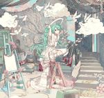  angel apron arms_up barefoot bathtub bird bucket cabinet christmas_lights claw_foot_bathtub cloud commentary_request couch cushion dishes dress easel extension_cord fake_halo flower full_body gown green_eyes green_hair hanging_light hatsune_miku highres ixima leg_warmers long_dress long_hair looking_at_viewer mural paint paintbrush paper_chain pink_flower plant potted_plant scissors sketchbook slipper_bathtub smile solo spill squatting stairs star stepladder tape tape_dispenser twintails very_long_hair vocaloid white_dress 