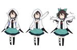  :&gt; arm_up bird_wings black_hair black_wings blush_stickers bow commentary_request dressing feathered_wings green_bow green_skirt hair_bow hood hooded_jacket jacket looking_at_viewer mismatched_legwear no_nose open_clothes open_jacket outstretched_arms reiuji_utsuho shirt short_sleeves skirt smile standing touhou toutenkou white_shirt wings 
