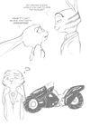  2017 ? akiric anthro black_and_white clothed clothing dialogue disney duo english_text eye_contact female humor innuendo jack_savage judy_hopps lagomorph male mammal monochrome motorcycle necktie rabbit simple_background suit text vehicle white_background zootopia 