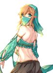  1boy alternate_costume back bare_shoulders blonde_hair blue_eyes crossdressing eyebrows_visible_through_hair gerudo_link link looking_at_viewer looking_back male_focus pointy_ears solo the_legend_of_zelda the_legend_of_zelda:_breath_of_the_wild trap veil 惡spirit 