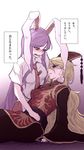  animal_ears blonde_hair blush bunny_ears carrot check_translation chinese_clothes commentary_request cradling_head crying crying_with_eyes_open hat highres junko_(touhou) long_hair miata_(miata8674) multiple_girls necktie pale_skin purple_hair red_eyes red_neckwear reisen_udongein_inaba shirt short_sleeves tabard tears tie_clip touhou translation_request very_long_hair white_shirt wide_sleeves 