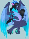  2017 ambiguous_gender anthro belly big_belly black_claws black_fur black_hair blue_feathers blue_fur claws dragon feathered_wings feathers fur furred_dragon hair hand_on_stomach nude pregnant pregoo solo stripes tail_tuft toe_claws tuft wings 