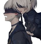  1girl blindfold blonde_hair blush breast_press breasts breasts_on_back choker cleavage cleavage_cutout dress frilled_dress frills from_side hairband high_collar jacket leaning_in lipstick makeup medium_breasts mole mole_under_mouth nier_(series) nier_automata open_mouth shirt short_hair simple_background sweat sweatdrop upper_body walzrj whispering white_background yorha_no._2_type_b yorha_no._9_type_s 