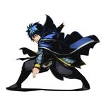  black_footwear blue_hair boots brown_eyes cape divine_gate fairy_tail full_body hair_between_eyes jellal_fernandes looking_at_viewer male_focus official_art shadow solo spiked_hair transparent_background ucmm 