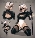  ass back_cutout black_dress blindfold breasts character_name cleavage collage crop_top dress feather-trimmed_sleeves iahfy kneeling leotard leotard_under_clothes magic mole mole_under_mouth multiple_views nier_(series) nier_automata no_pants pod_(nier_automata) silver_hair small_breasts sword weapon yorha_no._2_type_b 