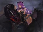  axe breasts camilla_(fire_emblem_if) cleavage commentary_request dark_background dragon fire_emblem fire_emblem_if hair_over_one_eye highres large_breasts lips long_hair looking_at_viewer parted_lips purple_eyes purple_hair quaanqin riding sidelocks solo thighs tiara vambraces wavy_hair weapon 