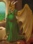  2017 anthro barefoot belly big_belly book breasts carpet claws clothed clothing dragon dress female horn inside looking_at_viewer membranous_wings navel orange_eyes pregnant pregoo scales scalie slit_pupils smile solo table toe_claws white_horn wings wood yellow_scales 