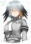  bangs belt blush bodystocking bodysuit breast_pocket breasts collar collared_shirt ears eyebrows_visible_through_hair green_eyes grey_hair grey_legwear grey_shirt head_wings isshiki_(ffmania7) kemono_friends long_hair looking_down low_ponytail medium_breasts multicolored_hair necktie pocket shirt shoebill_(kemono_friends) short_sleeves simple_background solo twitter_username upper_body white_background 