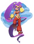  absurdly_long_hair bandeau bare_shoulders blue_eyes bracer breasts choker dark_skin earrings harem_pants hoop_earrings jewelry long_hair navel pants pointy_ears pointy_shoes ponytail purple_hair red_footwear salute shantae_(character) shantae_(series) sho-n-d shoes small_breasts smile solo tiara very_long_hair 