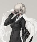  face_mask formal grey_eyes grey_hair mask neco open_mouth original short_hair solo standing suit weapon 