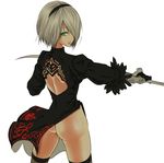  anraku_cho ass back_cutout black_dress blue_eyes dress feather-trimmed_sleeves from_behind grey_hair hair_over_one_eye headband highres katana nier_(series) nier_automata no_blindfold short_hair shoulder_blades skindentation solo sword thighhighs thighs weapon yorha_no._2_type_b 